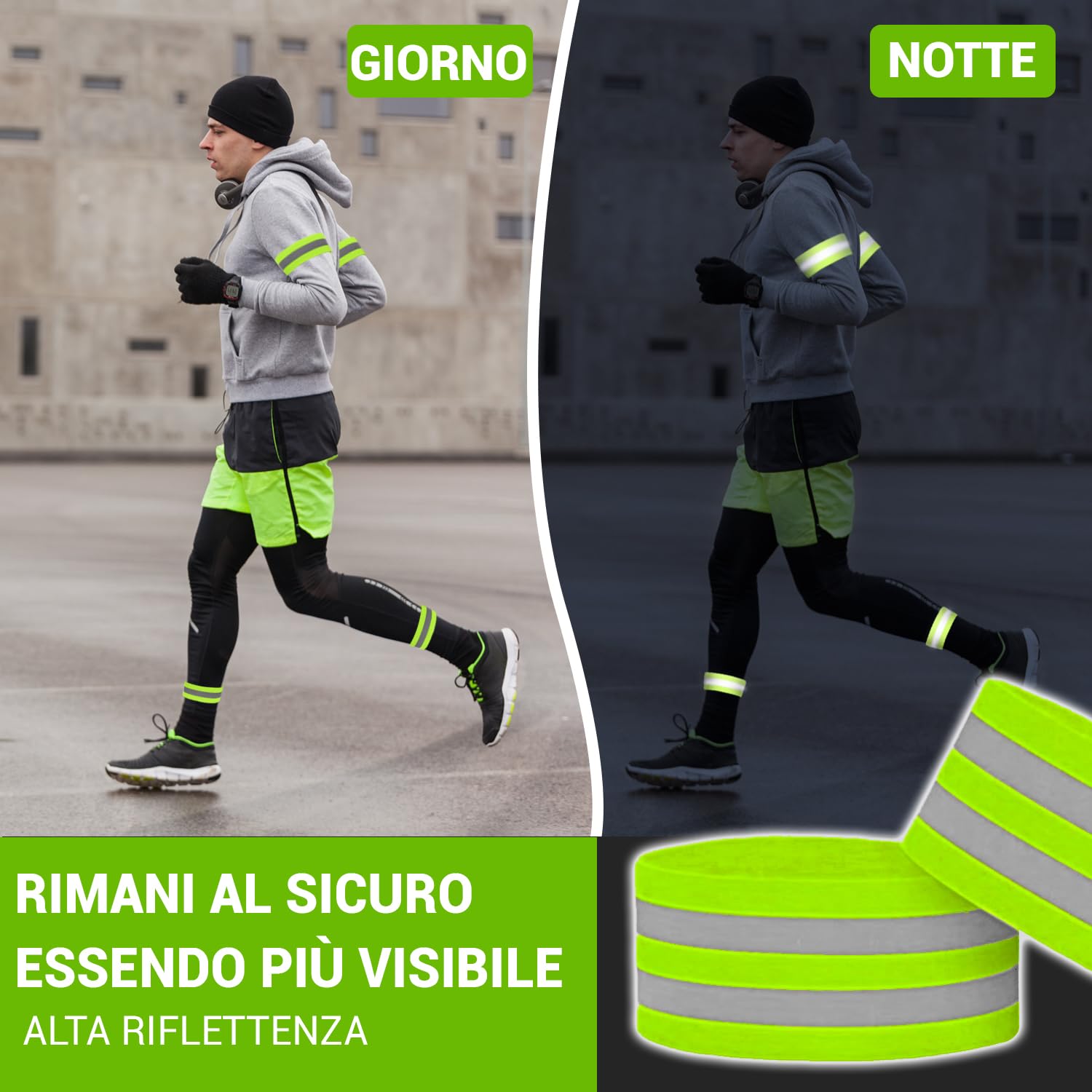 Bracciali Riflettenti a Doppia Striscia 5 cm Chiusura Regolabile 8 cm Visibilità 360° per Braccia Gambe Caviglie
