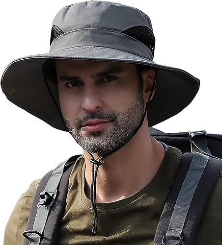 Sombrero de sol para hombre al aire libre UPF50+ malla de ala ancha, sombrero de safari plegable, impermeable, sombreros de pesca Boonie