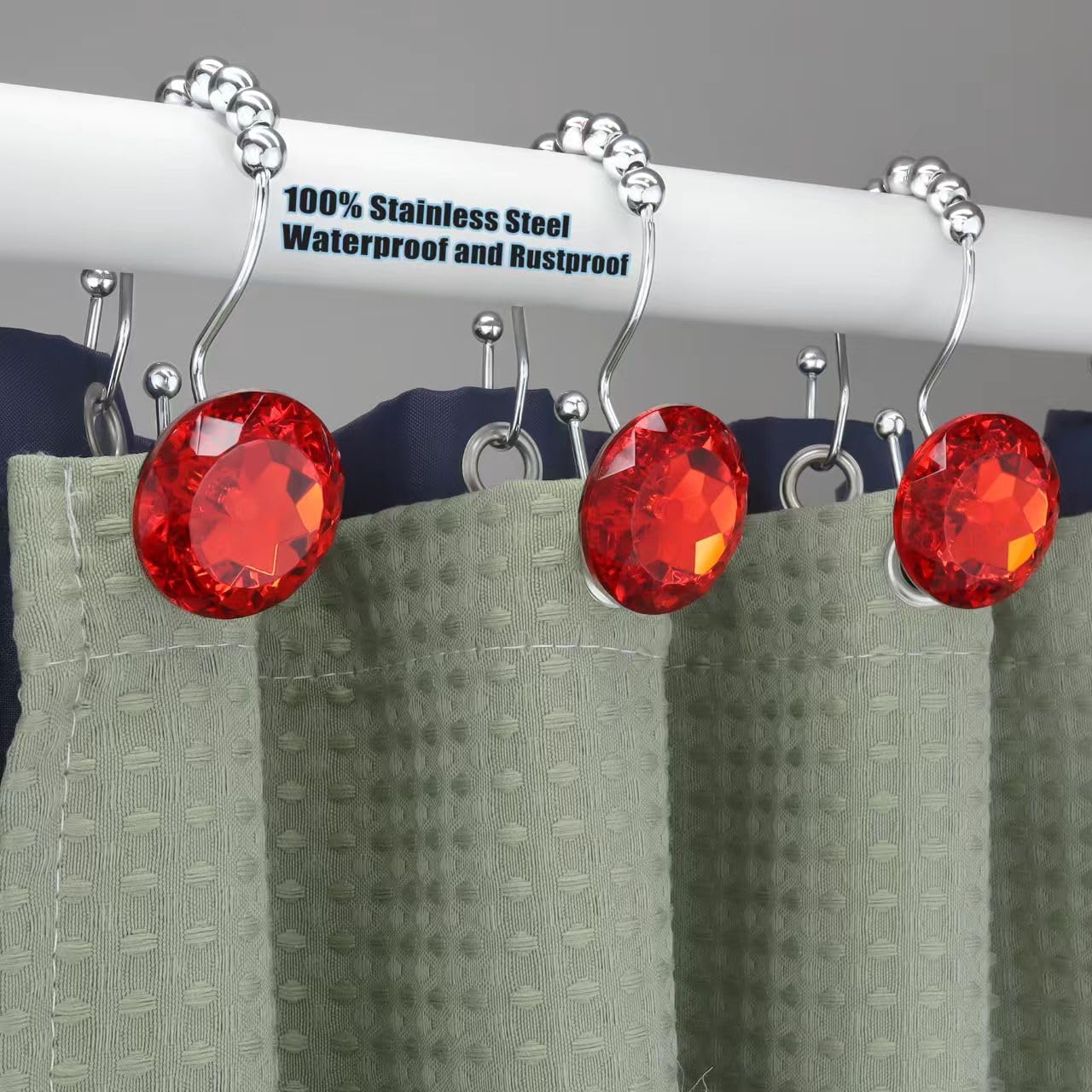 Shower Curtain Hooks Rings for Bathroom, 12PCS Double Hooks Glide Anti Rust Crystal Rhinestones Shower Curtain Rings Hangers for Shower Curtains, Clothing, Towels, etc. (Red) image 4