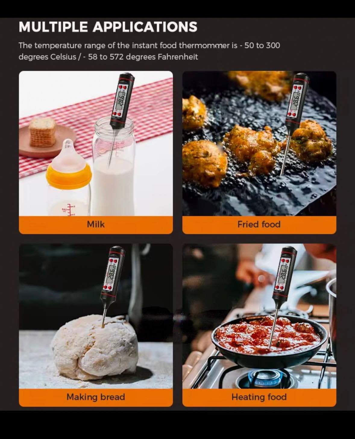 Termometro digitale per carne, lettura istantanea, per grigliare, cucinare, cibo, liquidi, sonda in acciaio inox nero