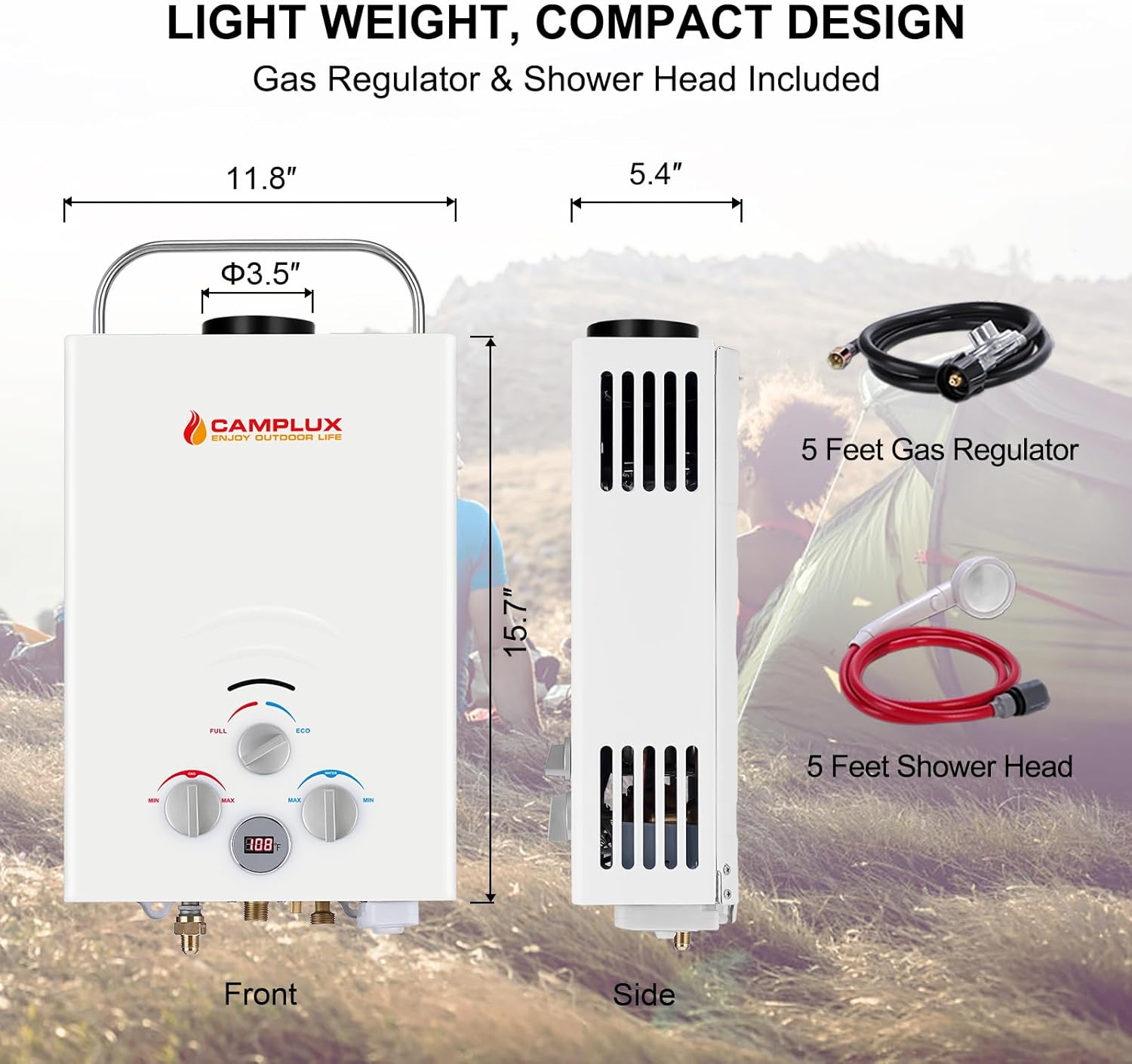 Portable Tankless Water Heater, Camplux 1.58 GPM Propane On Demand Gas Water Heater With Rain Cap