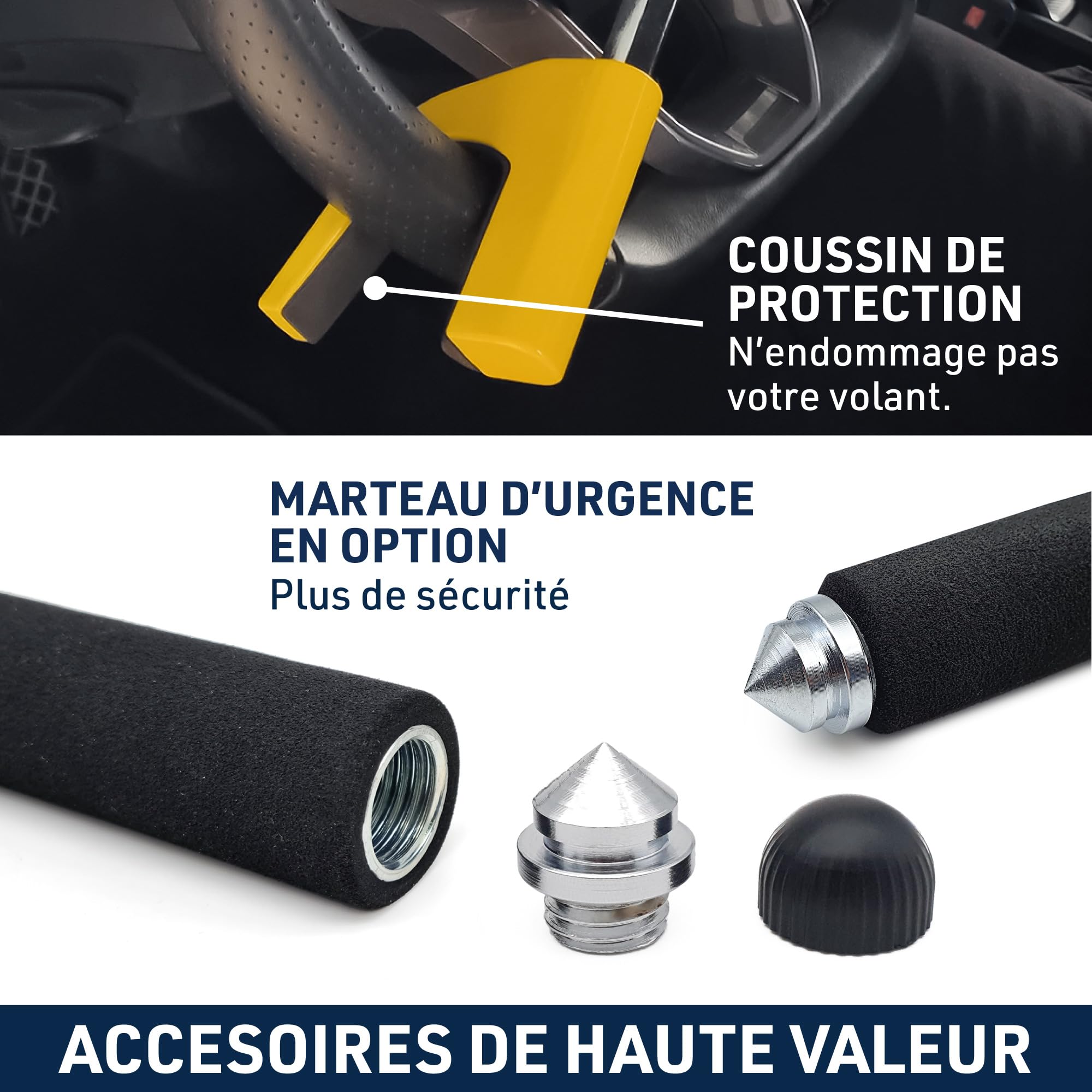 URBAN UR978Y Antivol Voiture Double Sécurité | Canne Antivol Voiture + Alarme Hi-Tech 120dB LED Warning | Sûr, Dissuassif, Résisté Tentative Vol | Bloque Volant Breveté, Barre Bloc Auto Universelle