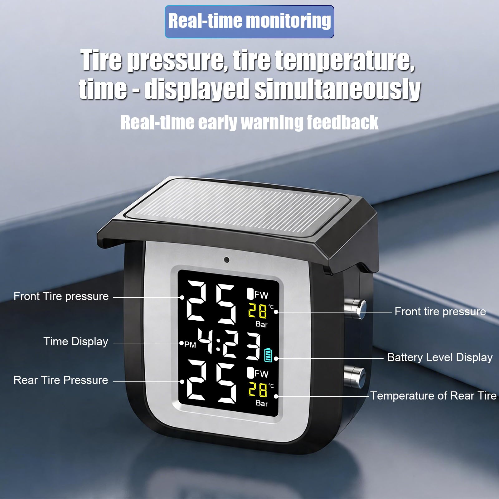 Sistema de control de presión de neumáticos para motocicleta, TPMS inalámbrico, cargador solar y USB, IP65 impermeable, apagado automático y despertar, 2 sensores de presión de neumáticos