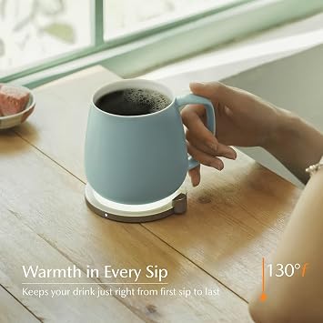 Ui+ Self-Heating Mug Set - Moonmist Blue | 18 fl oz / 532 mL Ceramic Coffee Mug Warmer, Infrared Temperature Control Heating Mug with OHOM Pad Max for Coffee & Tea