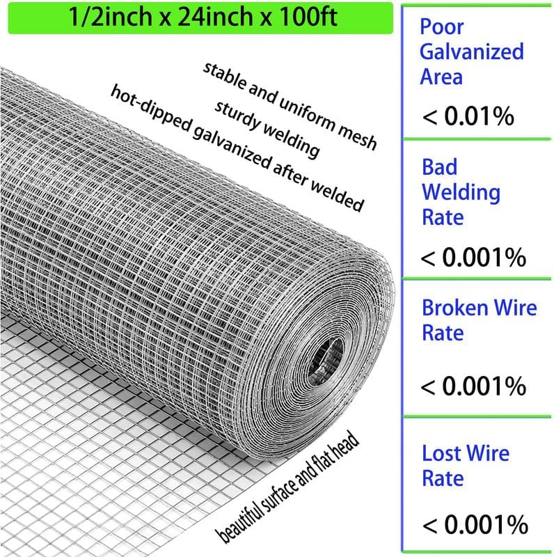 Hardware Cloth 1/2inch Hot-Dipped Galvanized After Welded 24in x 100ft Metal Fence Mesh Roll,19Gauge Square Chicken Wire Garden Plant Bed Fencing Chicken Coop Rabbit Animal Cage Wire Netting
