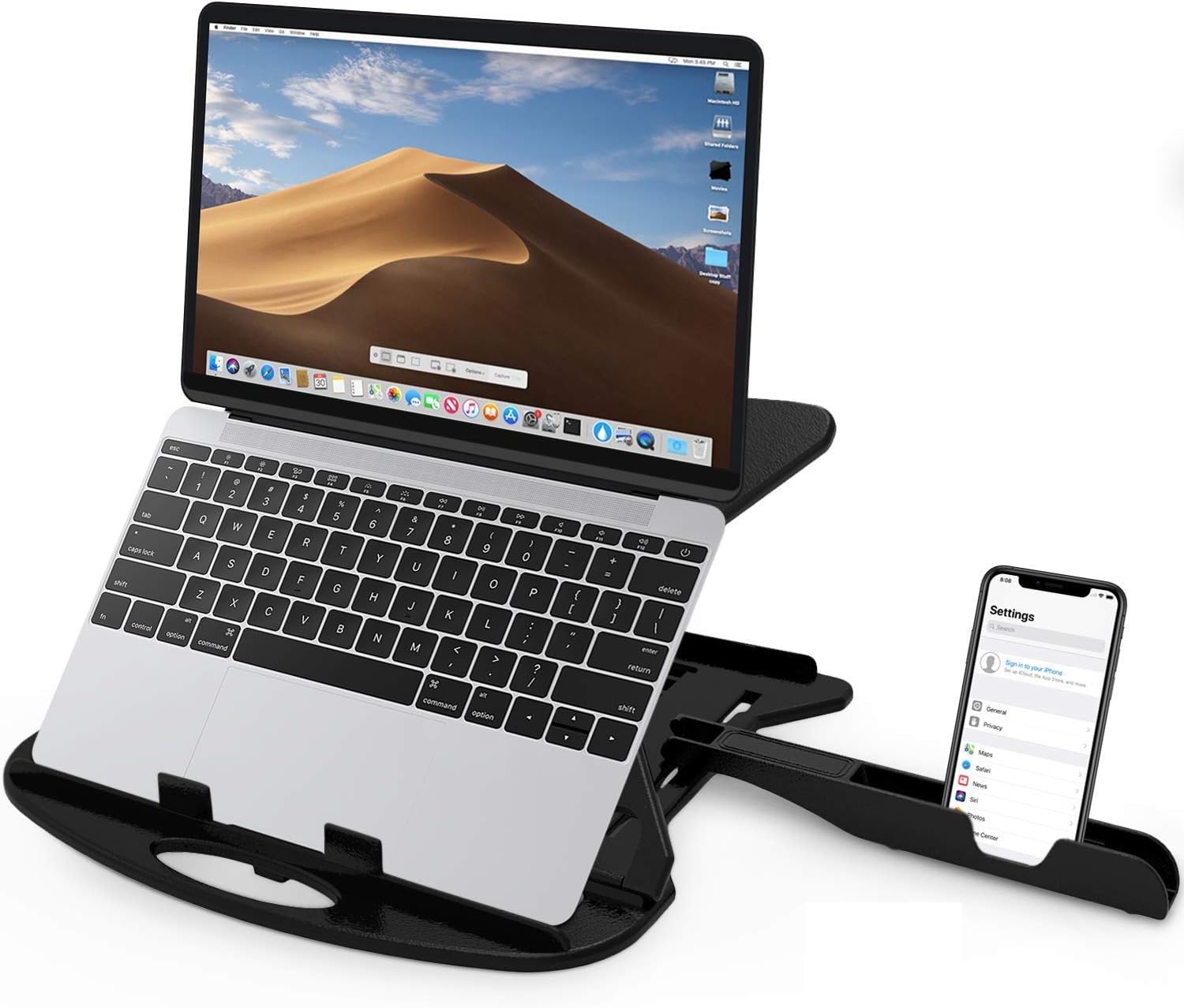 STRIFF Adjustable Laptop Stand Patented Riser Ventilated Portable Foldable Compatible with MacBook Notebook Tablet Tray Desk Table Book with Free Phone Stand(Black)
