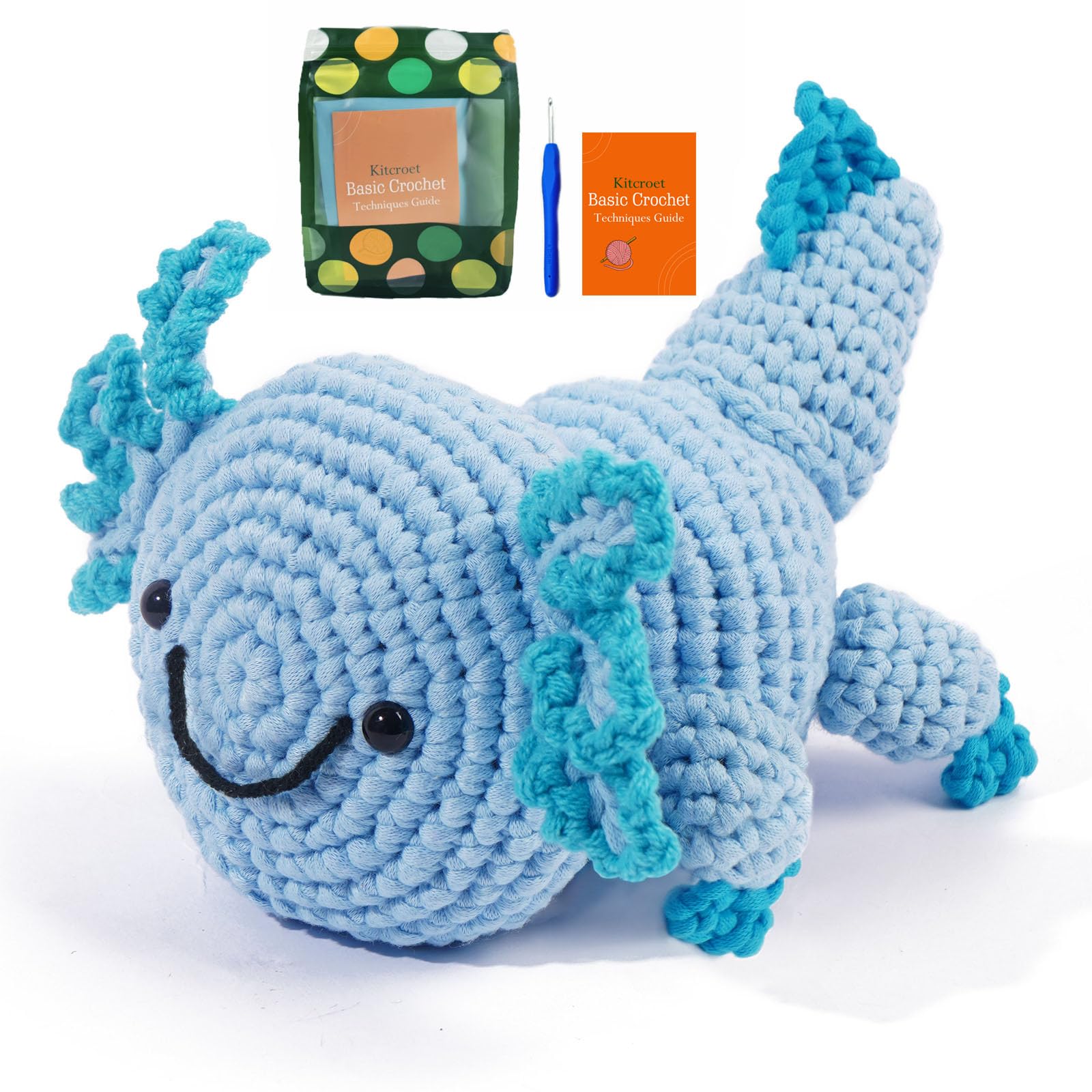 Kitcroet Crochet Kit Beginner-Friendly Axolotl Crochet Kit with Step-by-Step Video Tutorials, Amigurumi Crocheting Kit, 1 Pack Blue Axolotl