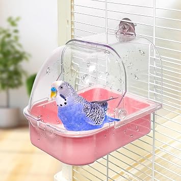 Bird Bath for Cage - Drawer Style, Hanging Bird Tub, Water Bowl, Shower, Food Feeder Tray, Birdcage Accessory for Small Birds Canary Budgies Parrots Cockatiel Lovebird HamsterPink