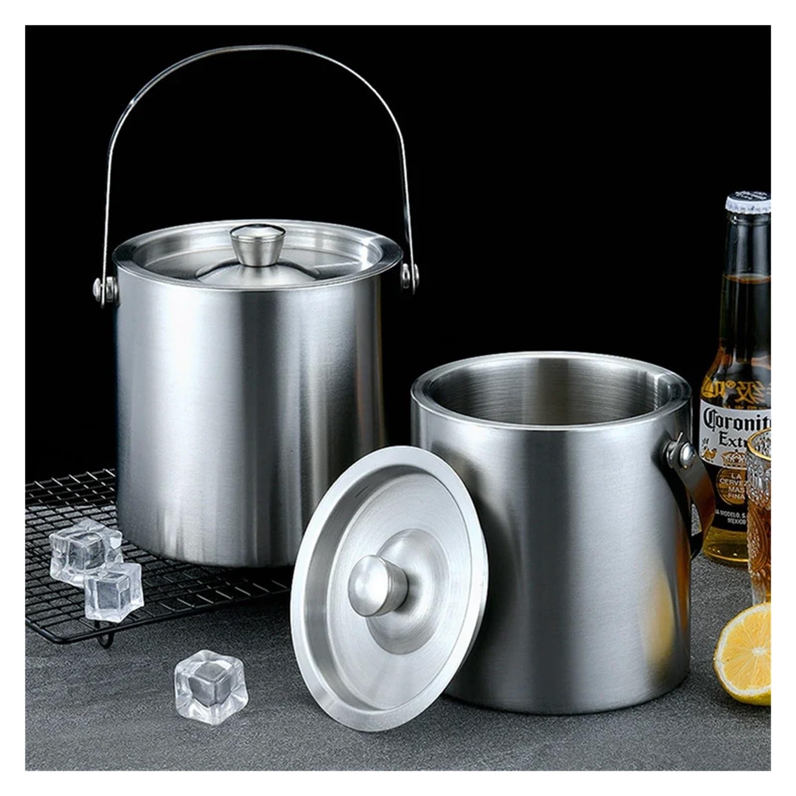 Cubo portátil de 1,6 l/300 ml, Enfriador de Hielo de Doble Capa for Vino, Cerveza y Cubitos de Hielo con Pinza for Utensilios de Cocina. para Bar, Cumpleaños, Fiestas(300ml)