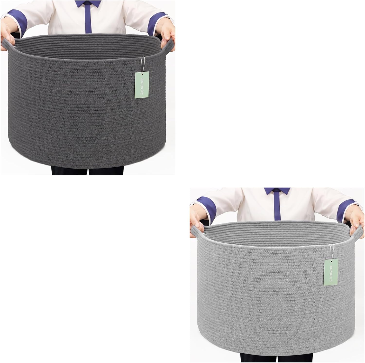 2 Pack Extra Large Cotton Rope Basket For Girls Boys Kids 87L, Nursery Hamper, Large Laundry Basket, Woven Basket Organizer For Storage Toys Blankets, 22”x 14”, Dark Gray and Light Gray