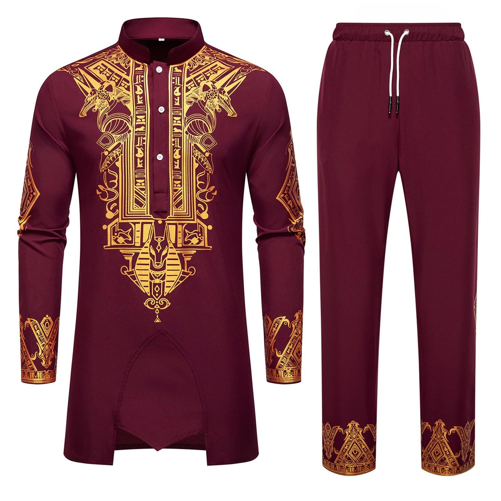 Uomo Middle East Thobe Con Pantaloni Alla Moda Costume Ricamo Stampa 2 Pezzi Vestibilità Normale Vestito Vestiti Costume Islamico Casual Loose Dubai Arab Caftano con Coulisse Elastico