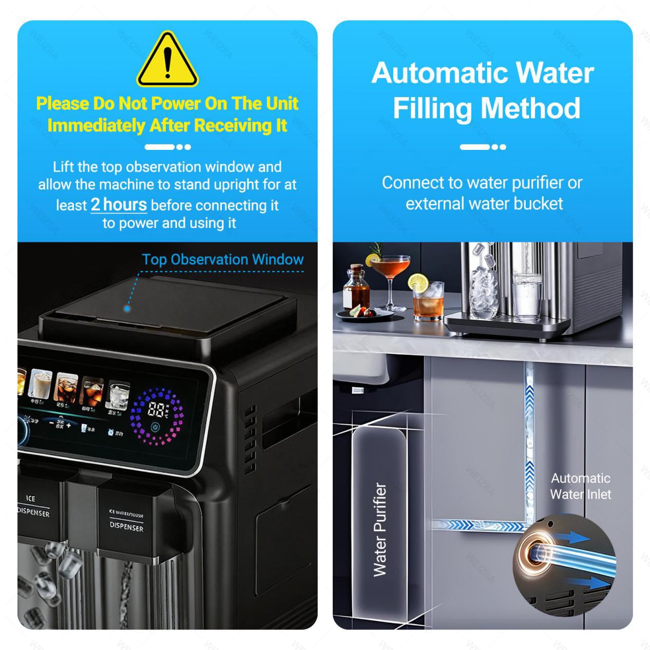 Macchina per il ghiaccio Nugget da banco, 3 in 1 con dispenser per frullati e acqua, 12 cubetti di ghiaccio in 6-10 minuti, produce 15 kg in 24 ore, modalità di riempimento automatico dell'acqua Black