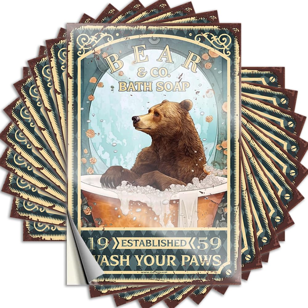 Fzfn Colour Tattoos Bathroom Gifts Easy Apply | Bear Bath Soap Wash Your Paws Tiny Case Peel And Stick(12X18cm)