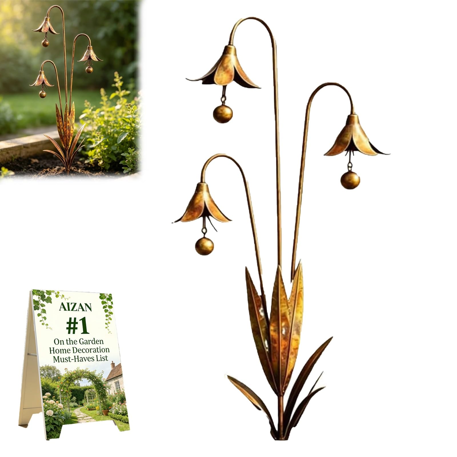 Triple Bluebells Garden Stake, Handmade Metal Flower Garden Stakes with Hanging Chime Accents Gardens Decor for Outside Rustic Floral Sculpture for Walkways Patios & Lawn Decorative Art Gift(1PC)
