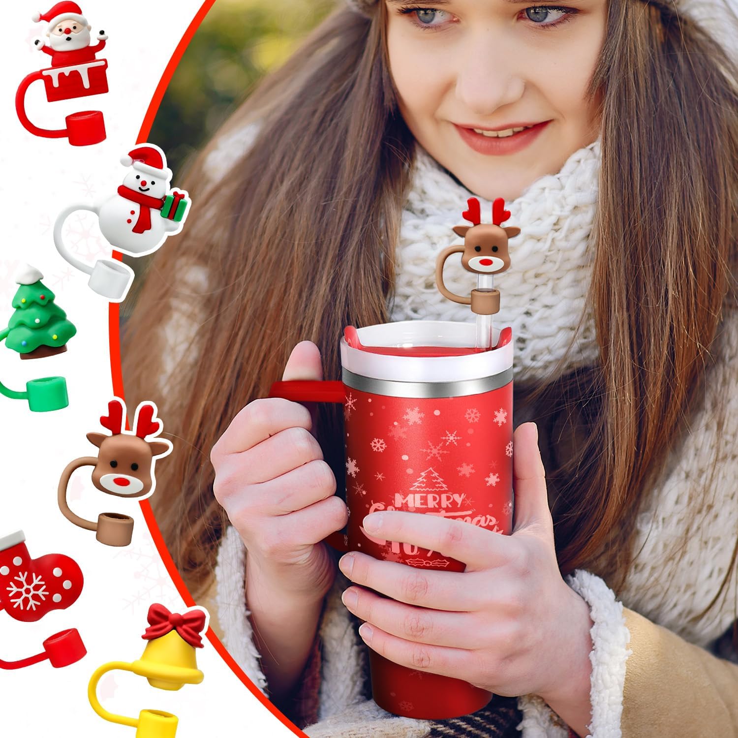 6 Pcs Christmas Drinking Straw Cover Cap for Stanley Cup, 10mm Reusable Dust-proof Straw Topper for 30&40 Oz Tumbler with Handle, 3D Santa Claus Elk Jingle Bell Tip Lids for Xmas Gifts