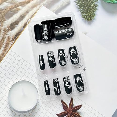 Miniatura 3 de Uñas postizas medianas de Halloween, uñas acrílicas negras, de cobertura completa, con diseños de calavera, para Halloween, con pegamento,