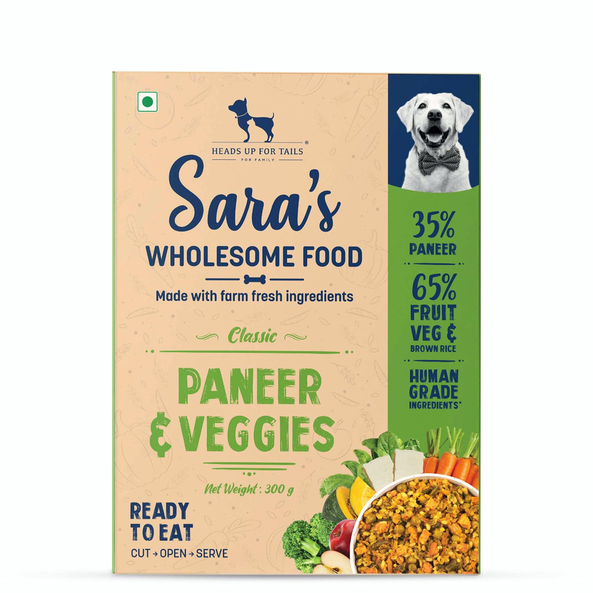 Heads Up For Tails Sara's Wholesome Classic Paneer & Veggies Dog Food | No Artificial Flavours | Preservatives Free | Suitable for All Breeds | for All Life Stages - 300 Gm