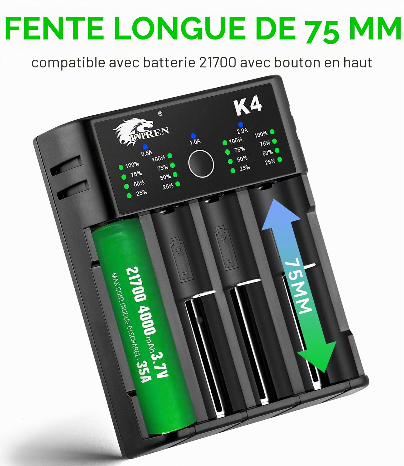 IMREN Chargeur Piles Rechargeable 18650, Charge Rapide pour Batterie 3,7V 18650 14500 14650 17500 18350 18650 18700 20700 21700 22650 26650, 1,2V Ni-MH/Ni-CD Pile AA AAA C (4 Baies)
