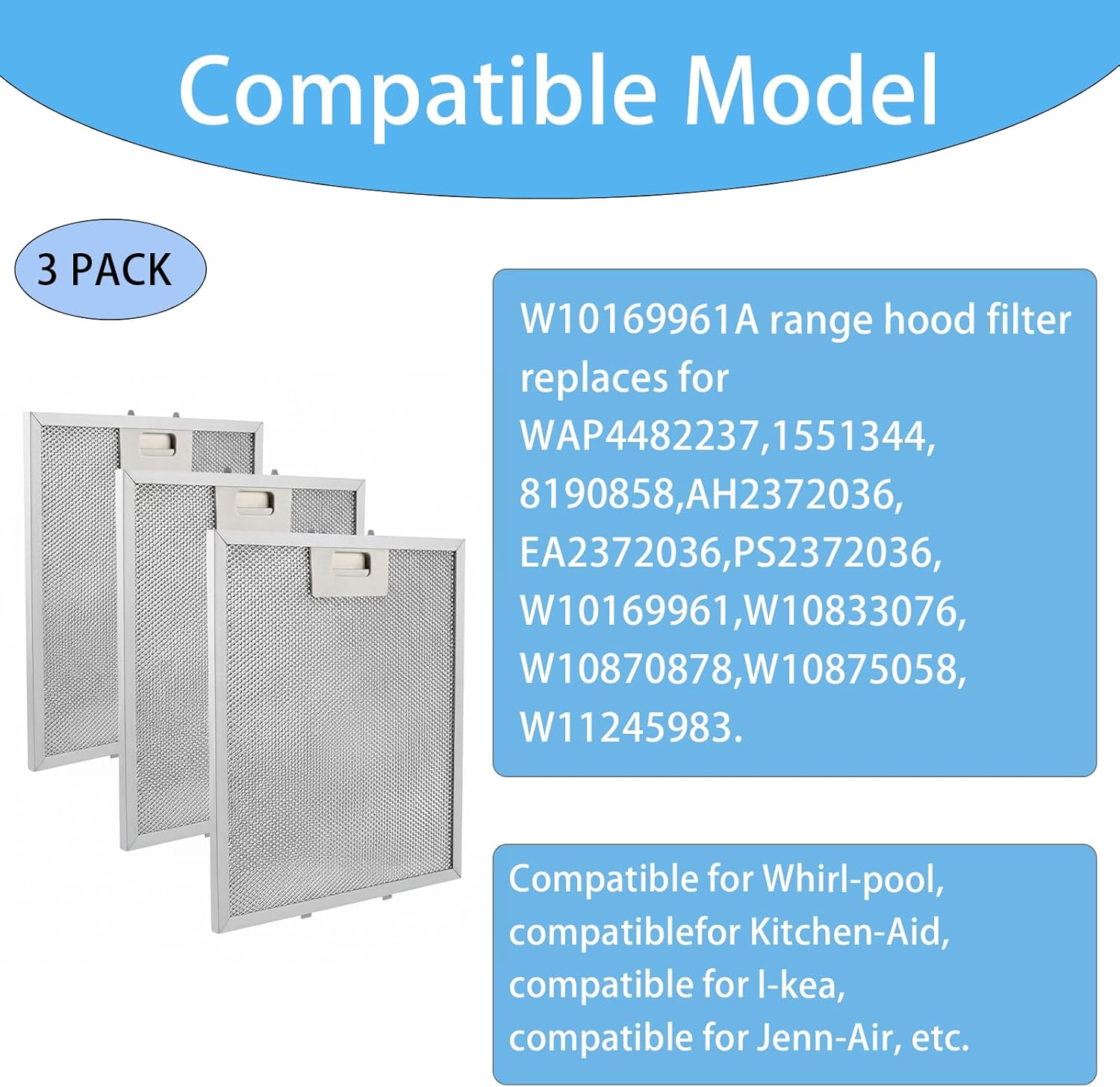 W10169961A Range Hood Grease Filter (3-Pack), 10.5" x 12" Upgraded 5-Layer Aluminum Mesh Vent Hood Filter Compatible with Whirlpool, KitchenAid, Jenn-Air, IKEA - Replaces W10875058, W11245983, 8190858