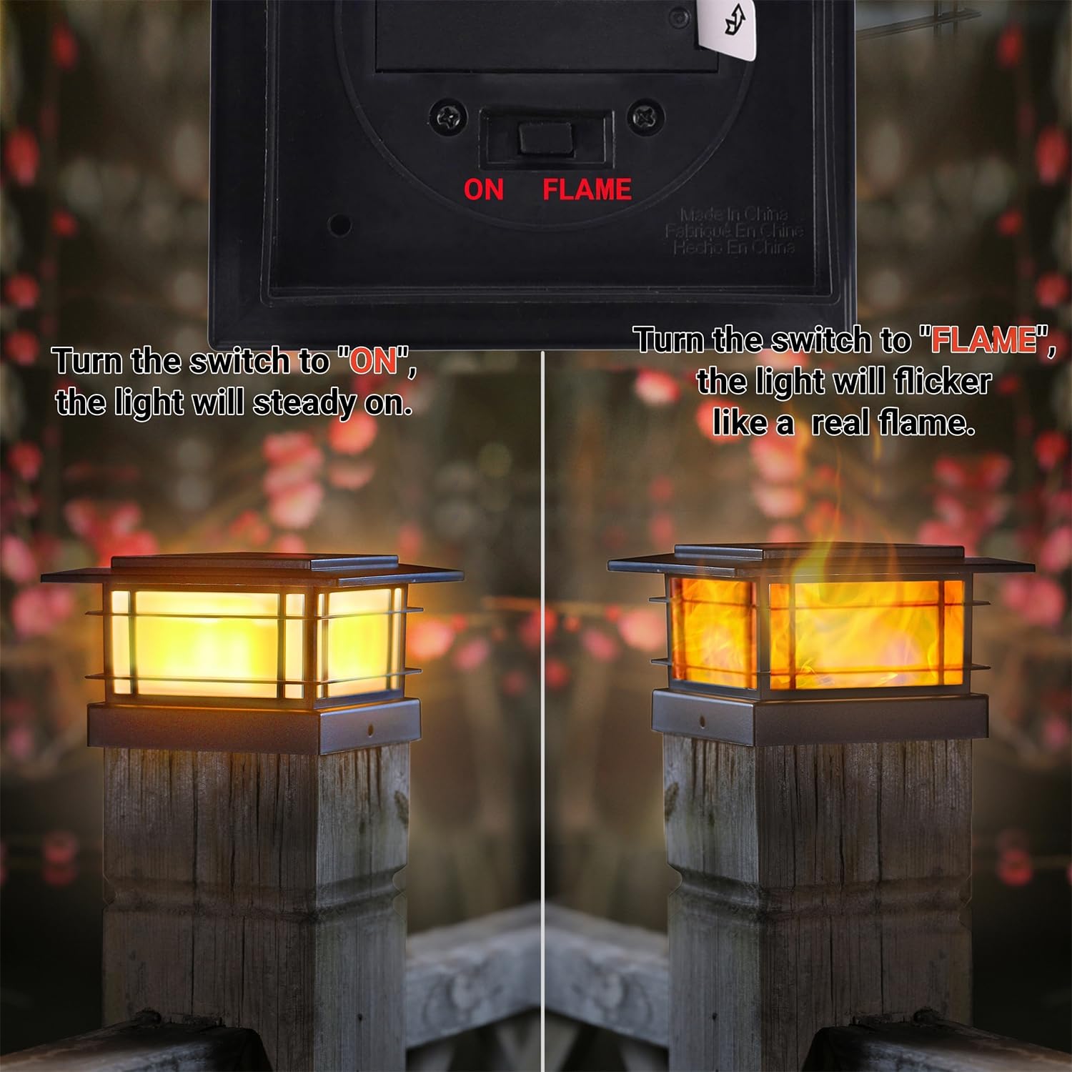 Dynaming 6 Stück Solar Flamme Post Lichter außen, Solar Powered Zaun Post Cap Lichter, hohe Helligkeit flackernde Flamme SMD LED Beleuchtung Dekor für Garten Deck Terrasse, 4 x 4, 5 x 5 oder 6 x 6