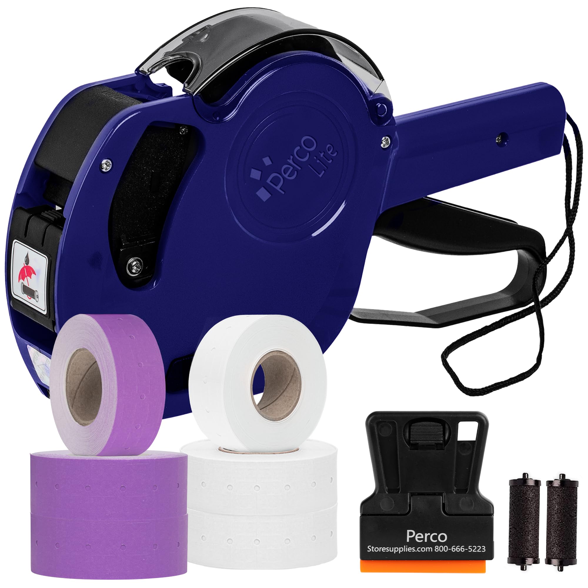 Perco Lite 1 Line Price Gun with Labels Kit - Includes 3 White Rolls, 3 Purple Rolls, 2 Ink Rollers, 1 Ink roll and Labels Pre-Loaded