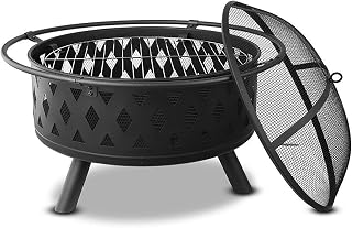 Outdoor Fire Pit w/Spark Screen & Cooking Grid, Large Wrought Iron Wood Burning Fire Pits Bowl, Courtyard Bonfire Heating Brazier, BBQ Grill Firepit for Outside Patio