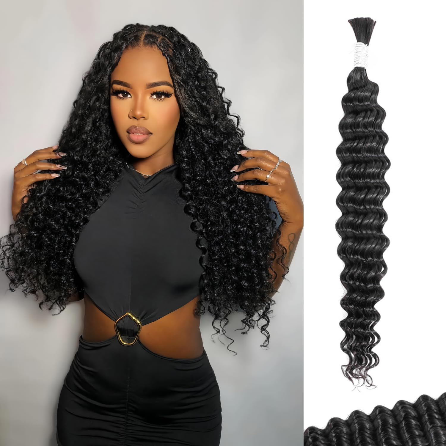 Human Hair Boho Braiding Hair 50g 16 Inch, Deep Wave Curly Human Hair Bundles Braid Hair Human Bulk Hair for Boho Braids, 12A No Weft 100% Unprocessed Brazilian Virgin Hair, Naural Black