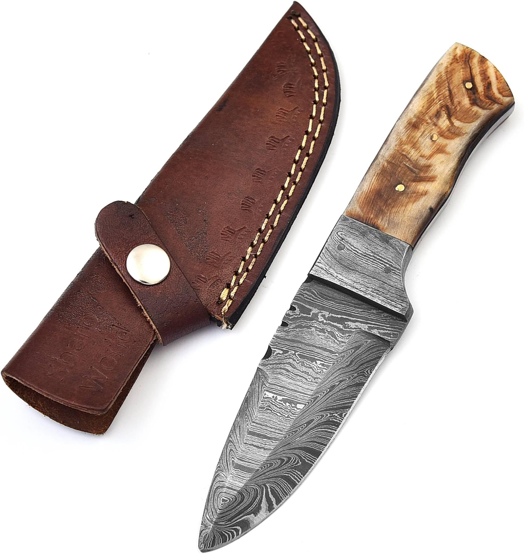 8’’ Handmade Damascus Knife with Brown Leather Sheath-Fixed Blade EDC Knife-Bushcraft Knives-Exotic Handle-Best Camping Knives for Men TJ08