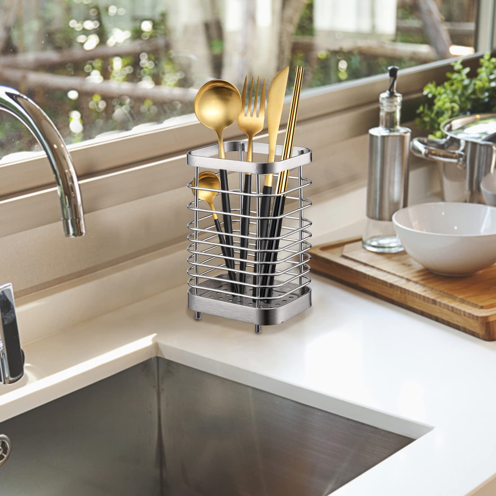 Portautensili Da Cucina In Acciaio Inox - Cestino Posate 10,5x10x7,5cm, Con Fori Scarico - Foto 8