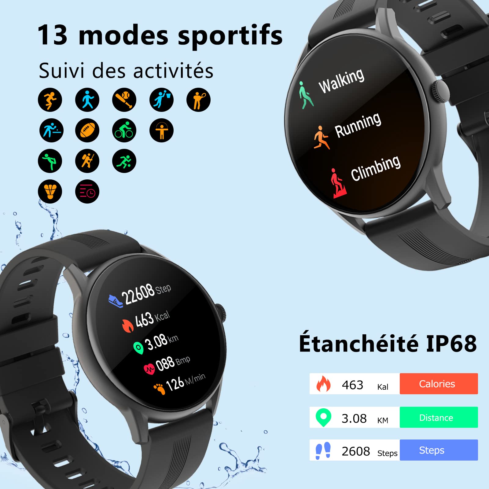 Smartwatch voor dames en heren, 1.28 inch smartwatch rond heren dames met hartslag, fitnesshorloge heren rond met stappenteller IP68 waterdicht sporthorloge SMS-oproepmelding voor iOS Android, zwart
