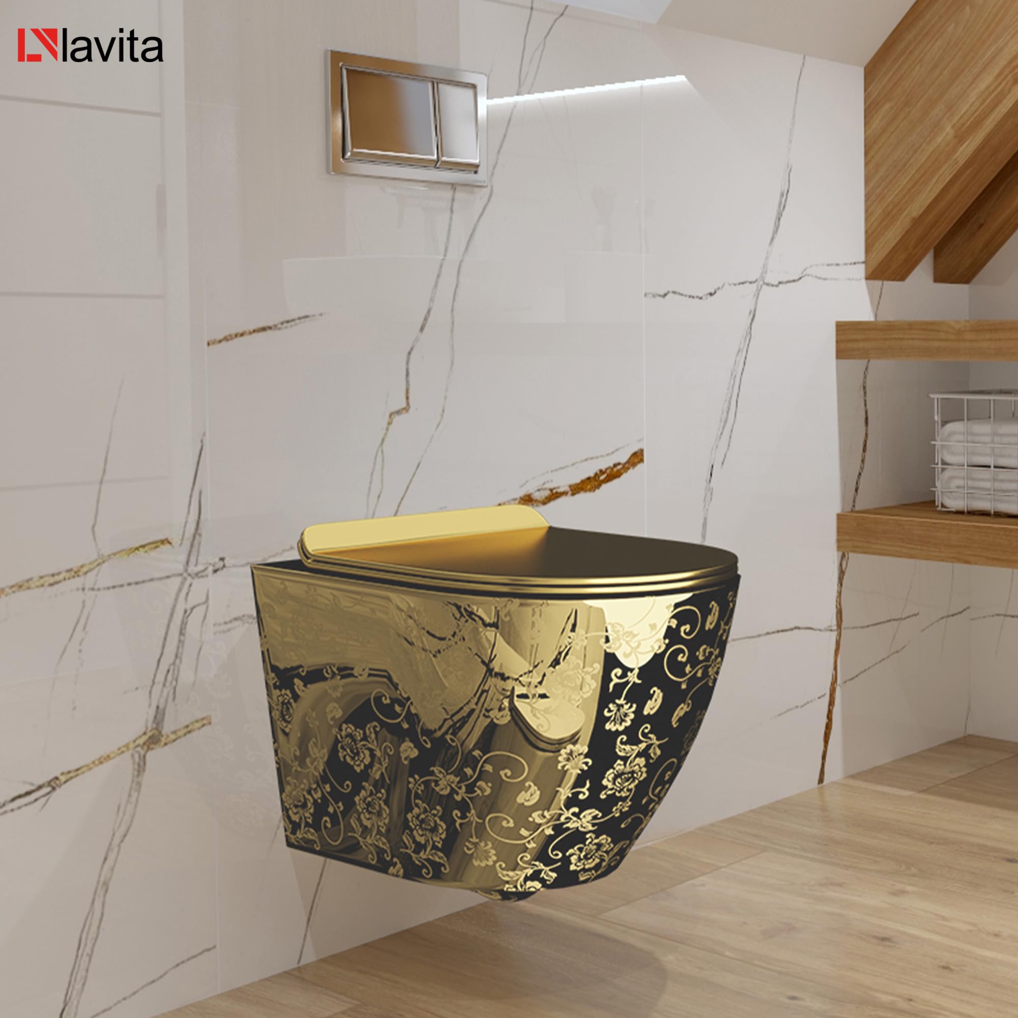 LAVITA Inodoro suspendido con asiento de inodoro Tapa de inodoro con cierre automático y bisagras metálicas Sin reborde Inodoro suspendido Sofi Slim Golden Eye 365x490x395 mm Oro