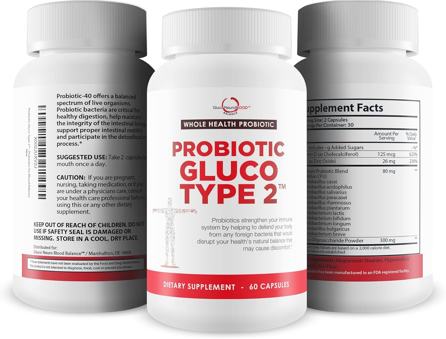 Probiotic Gluco Type 2 - Probiotic for Blood Balance, Blood Pressure, & Immune Support - Probiotic Immune Function for Blood Health - Probiotics for Blood Balance