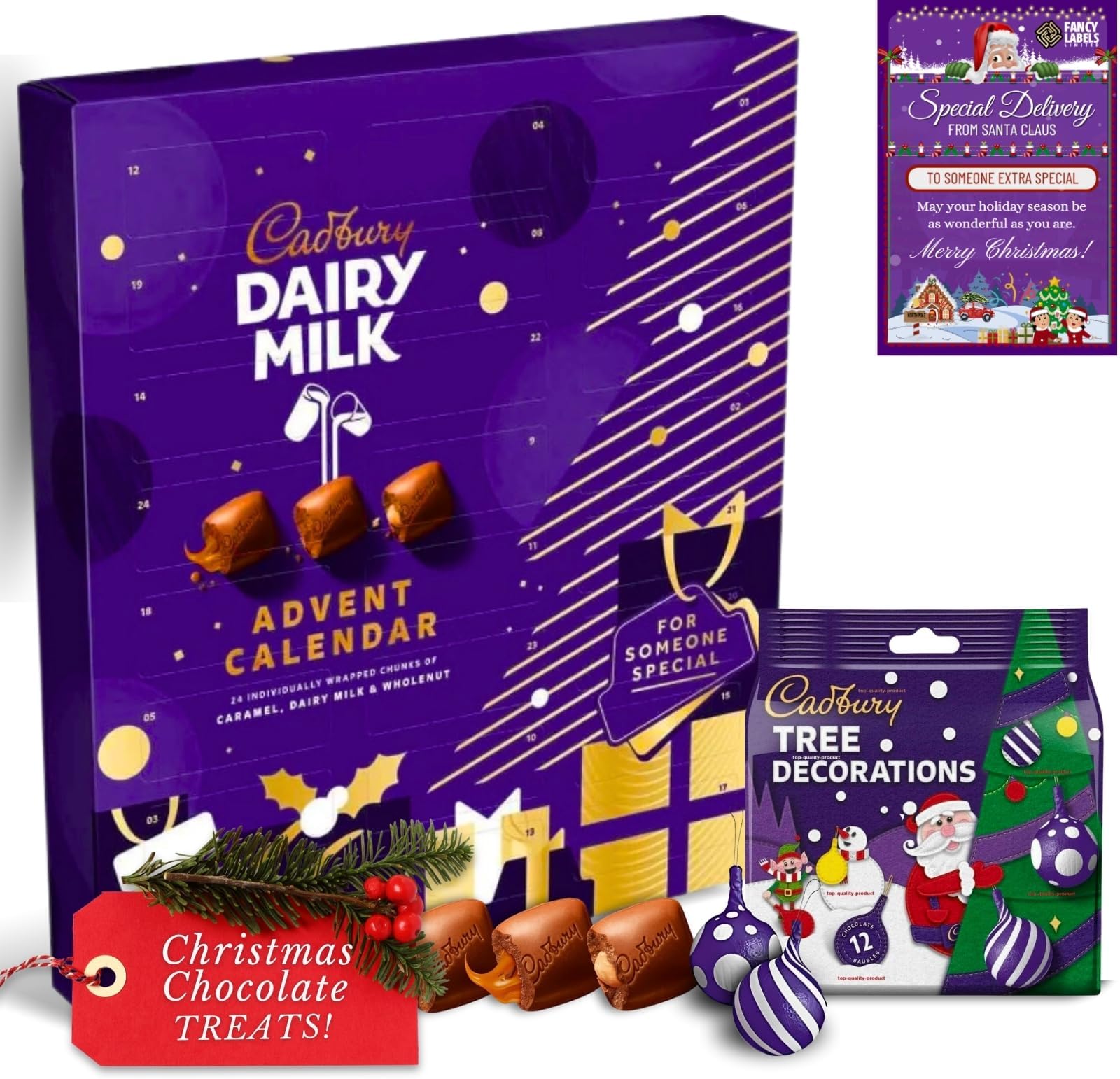 Fancy LabelsChocolate Advent Calendar Bundle With Cadbury Chunk Chocolate Advent Calendar 258g And Cadbury Chocolate Christmas Tree Decorations 72g, blue