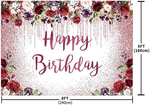 Miniatura 5 de SENDY Telón de fondo de cumpleaños de 8 x 6 pies, suministros para decoración de fiesta de cumpleaños para niña y mujer, color burdeos, rosa,