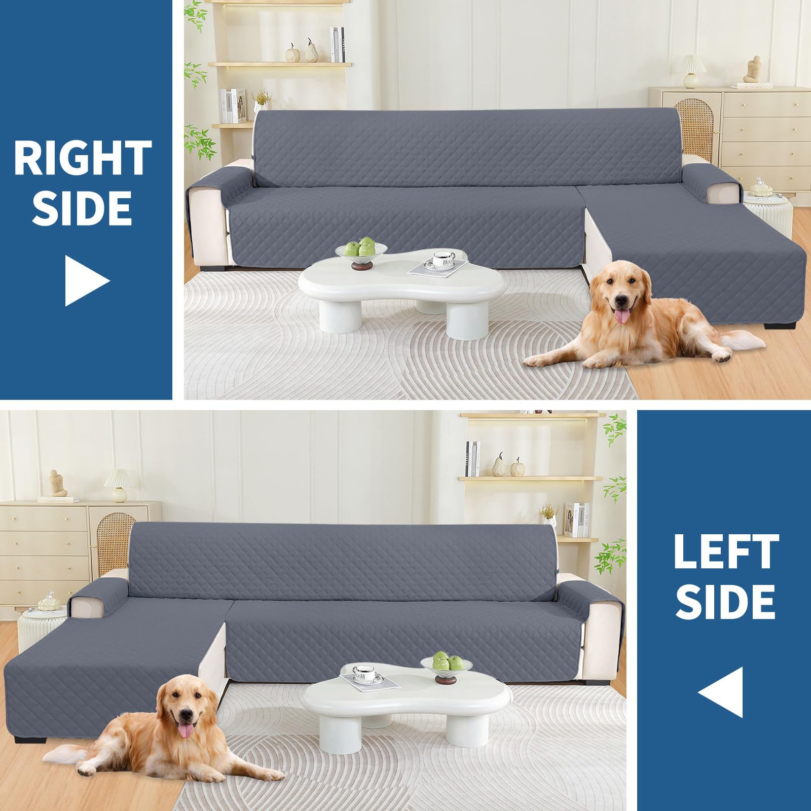 YSTELLAA 100% Impermeabile Copridivano 3 Posti Con Penisola(L 255 CM), Copridivano Angolare Destra/Sinistra Universale Reversibile, Fodere Divano Forma L Antigraffio, Grigio Scuro