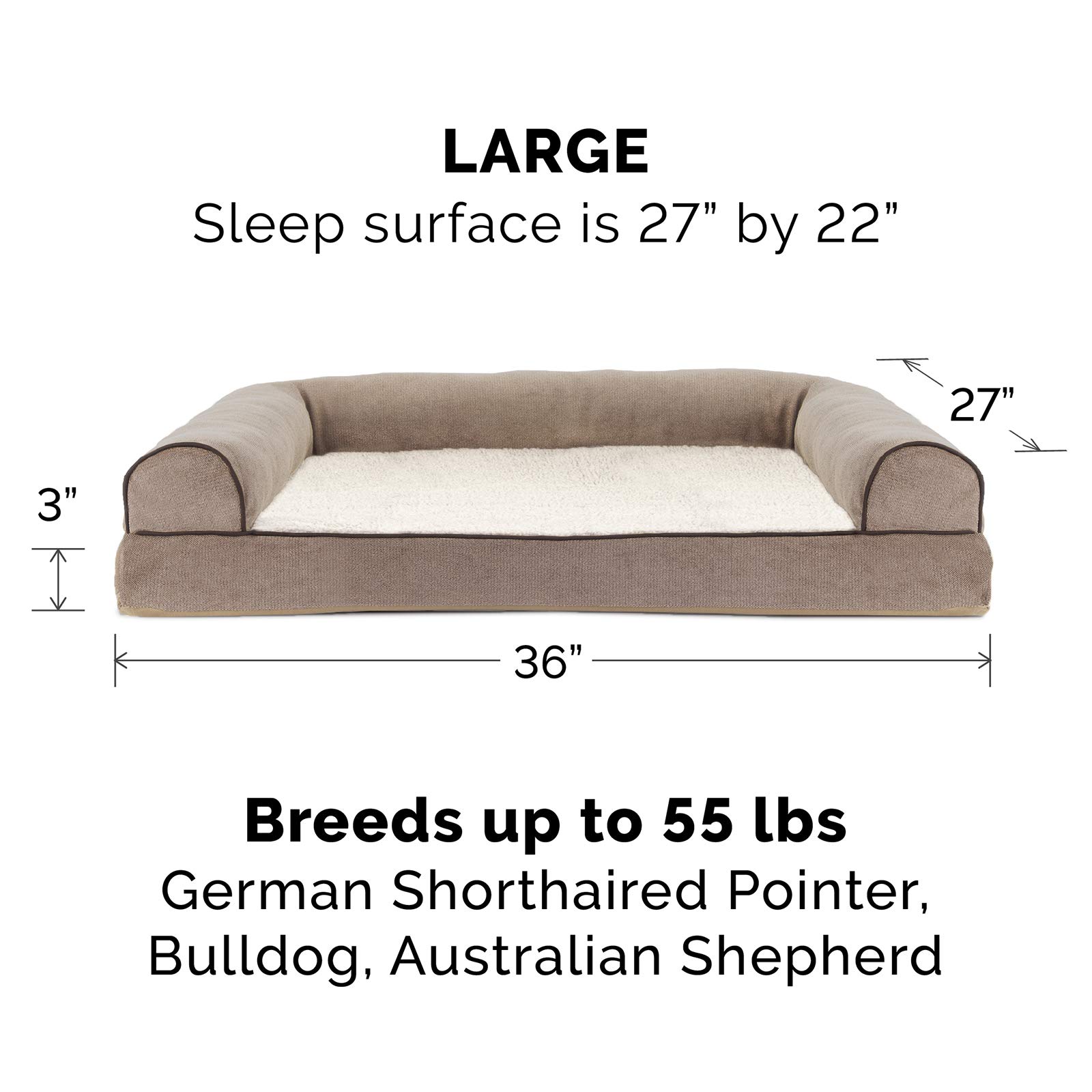 Furhaven Pet Bed for Dogs and Cats - Sherpa and Chenille Sofa-Style Cooling Gel Foam Dog Bed, Removable Machine Washable Cover - Cream, Large