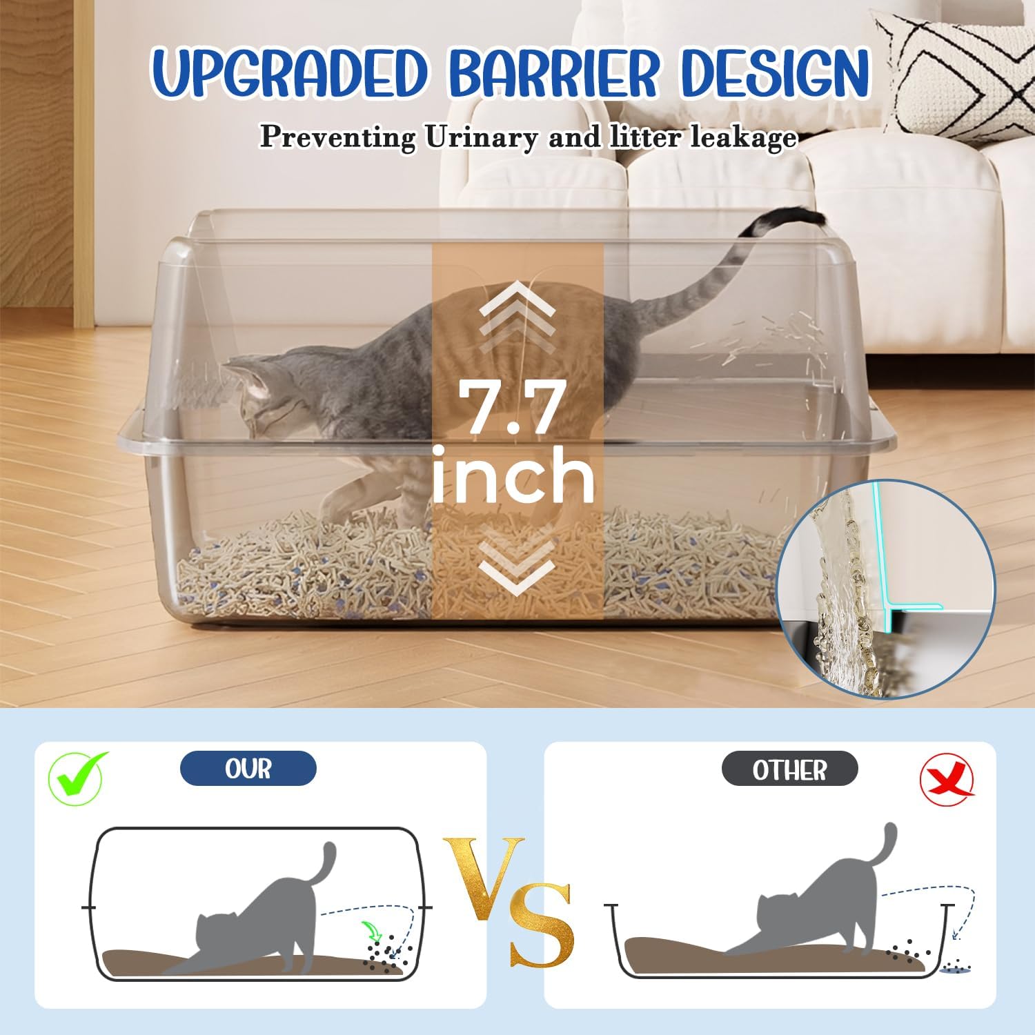 Stainless Steel Cat Litter Box with Lid, High Wall Kitty Litter Box for Small Cats, Metal Kitty Litter Box, Non-Sticky, Anti-Leakage, Easy Cleaning, Include Cat Mat and Scoop, 17.2"x13.2"x7.7"