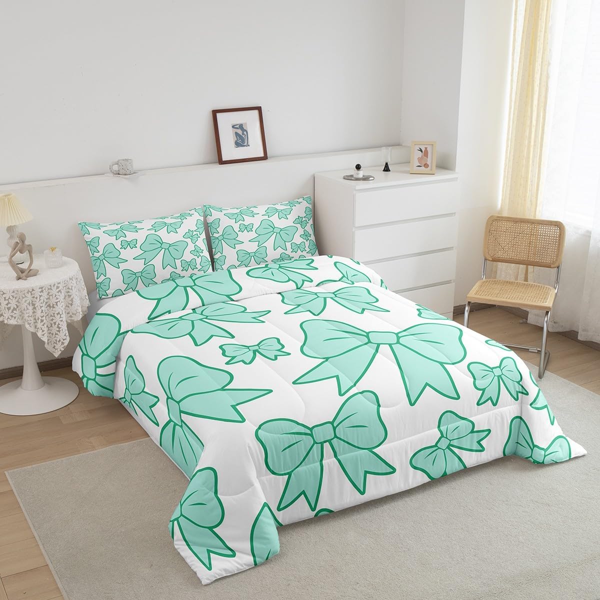 jejeloiu Aesthetic Bow Comforter Set Queen Size Girls Kawaii Bownkot Coquette Bedding Set for Women Teens Girly Design Duvet Quilt Breathable Soft Lightweight Microfiber Light Teal Room Decor