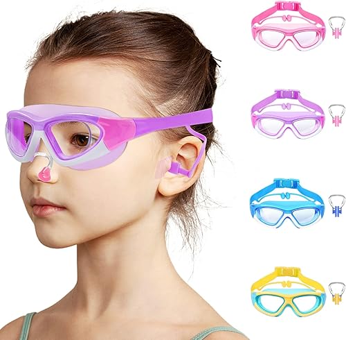 Vvinca Gafas de natación para niños de 3 a 12 años, diseño mejorado 2024 con tapón para la oreja y la nariz, visión amplia, antivaho sin fugas,
