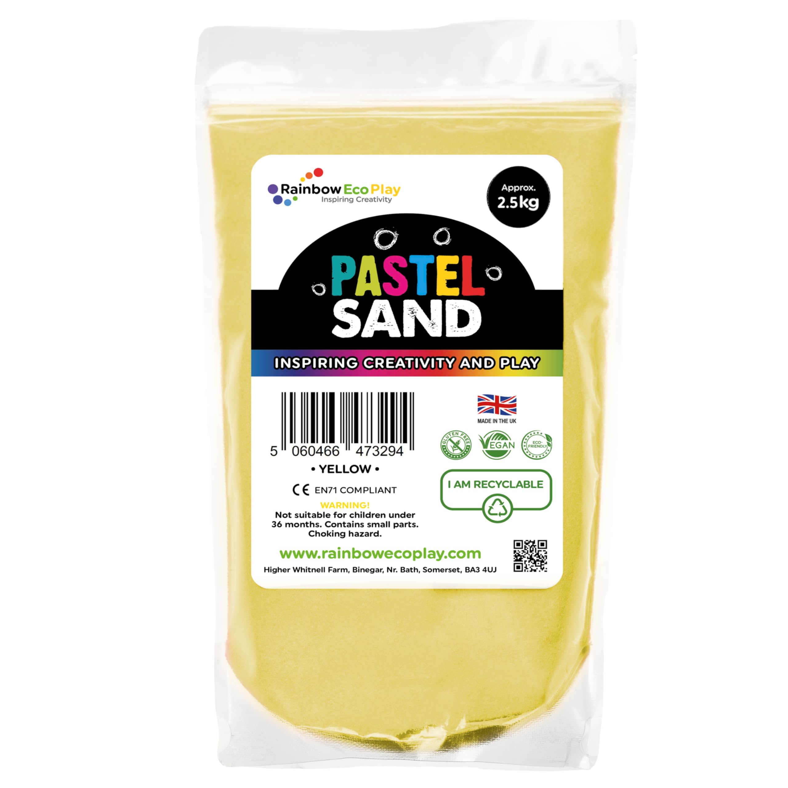 Rainbow Eco Play – Coloured Decorative Craft Sand - Pastel - Natural Play Sand - Sand Art Kits for Kids - Children Play Sand – Yellow - 2.5kg