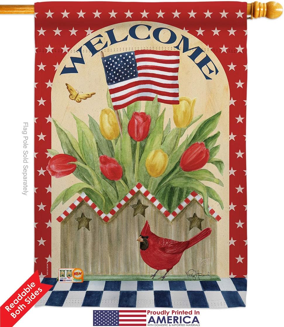 Breeze Decor Star and Stripes Patriotic Flowers House Flag Set Patriotism Independence Memorial United State American Small Decorative Gift Yard Banner Double-Sided Made in USA 28 X 40