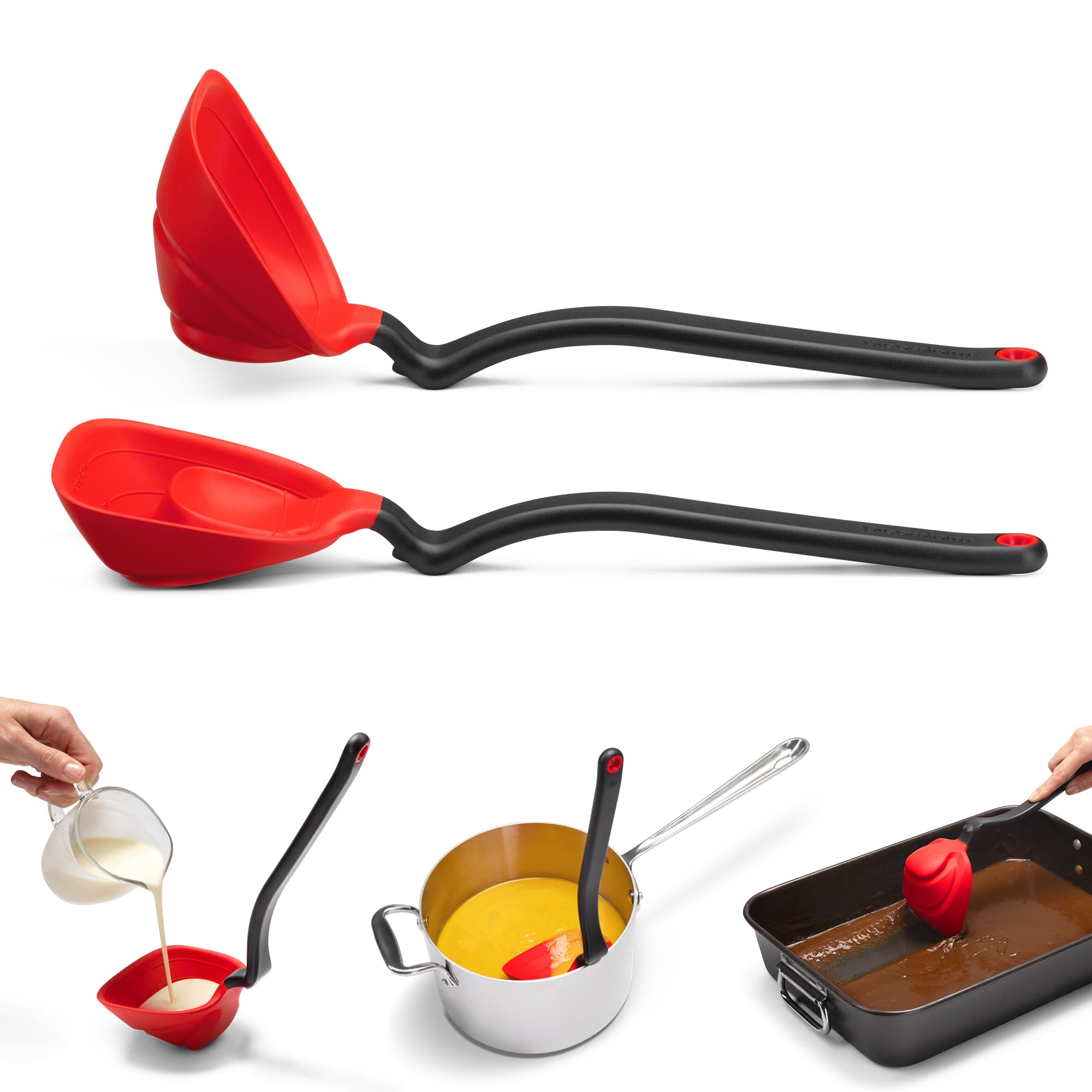 Dreamfarm Fladle - Cucharón plegable para servir y cocinar que ahorra espacio, mide hasta 1/2 taza con punta de espátula de silicona, 12 pulgadas, color rojo