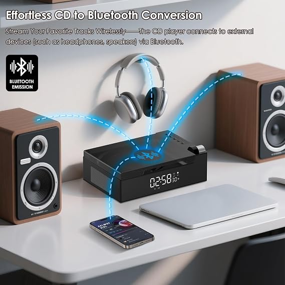 CD Player Portable with Bluetooth, Rechargeable CD Players Retro Suitcase CD Music Player with HiFi Speakers Desktop CD Player for Home Car Study Travel (Black