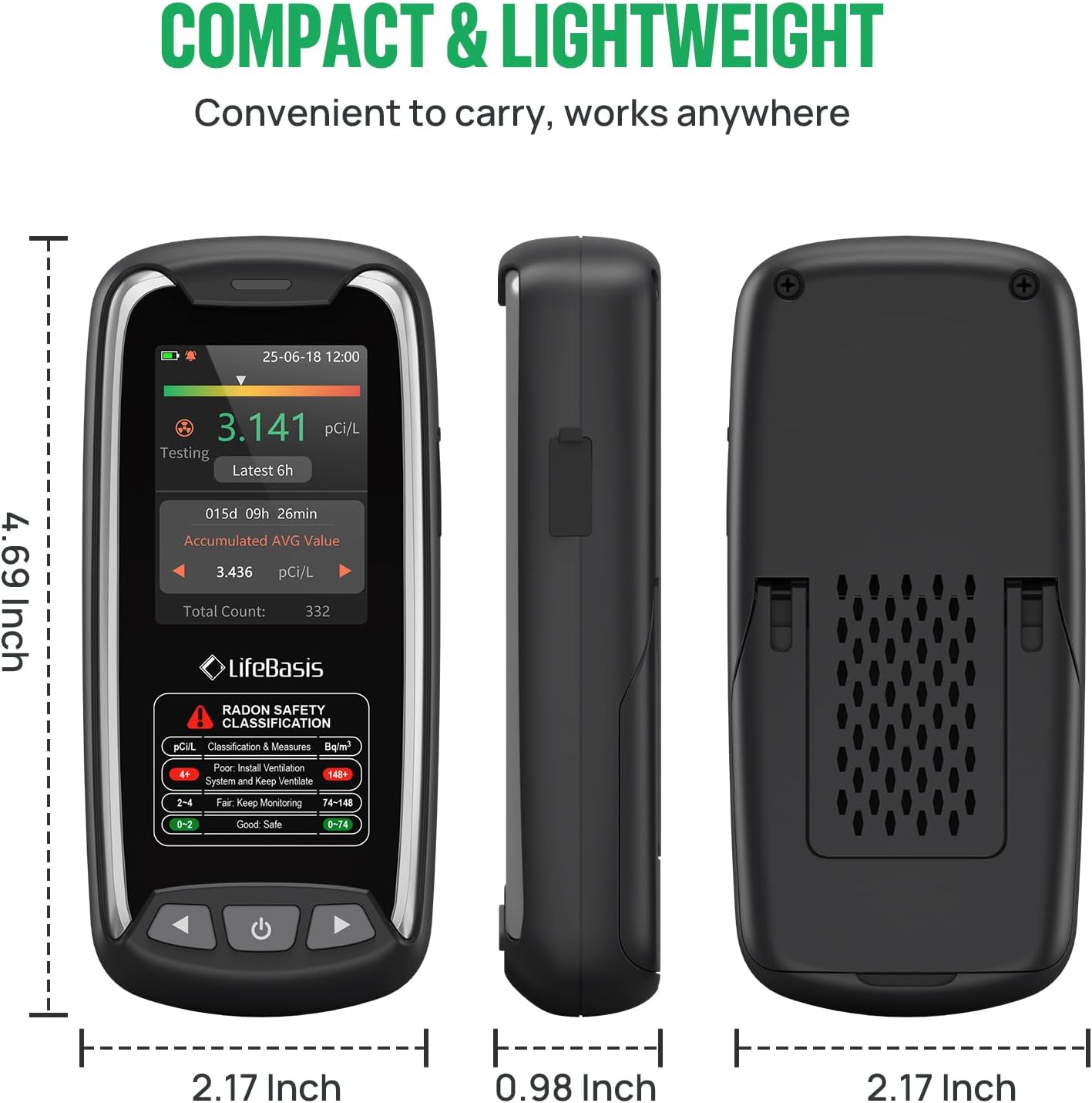 LifeBasis Radon Detector with TFT Color Display First Data Display in 6 Hours, Portable Radon Monitor for Home Rechargeable Radon Tester Long Data Storage with Visual and Audible Alarm pCi/L or Bq/m³ - Image 7