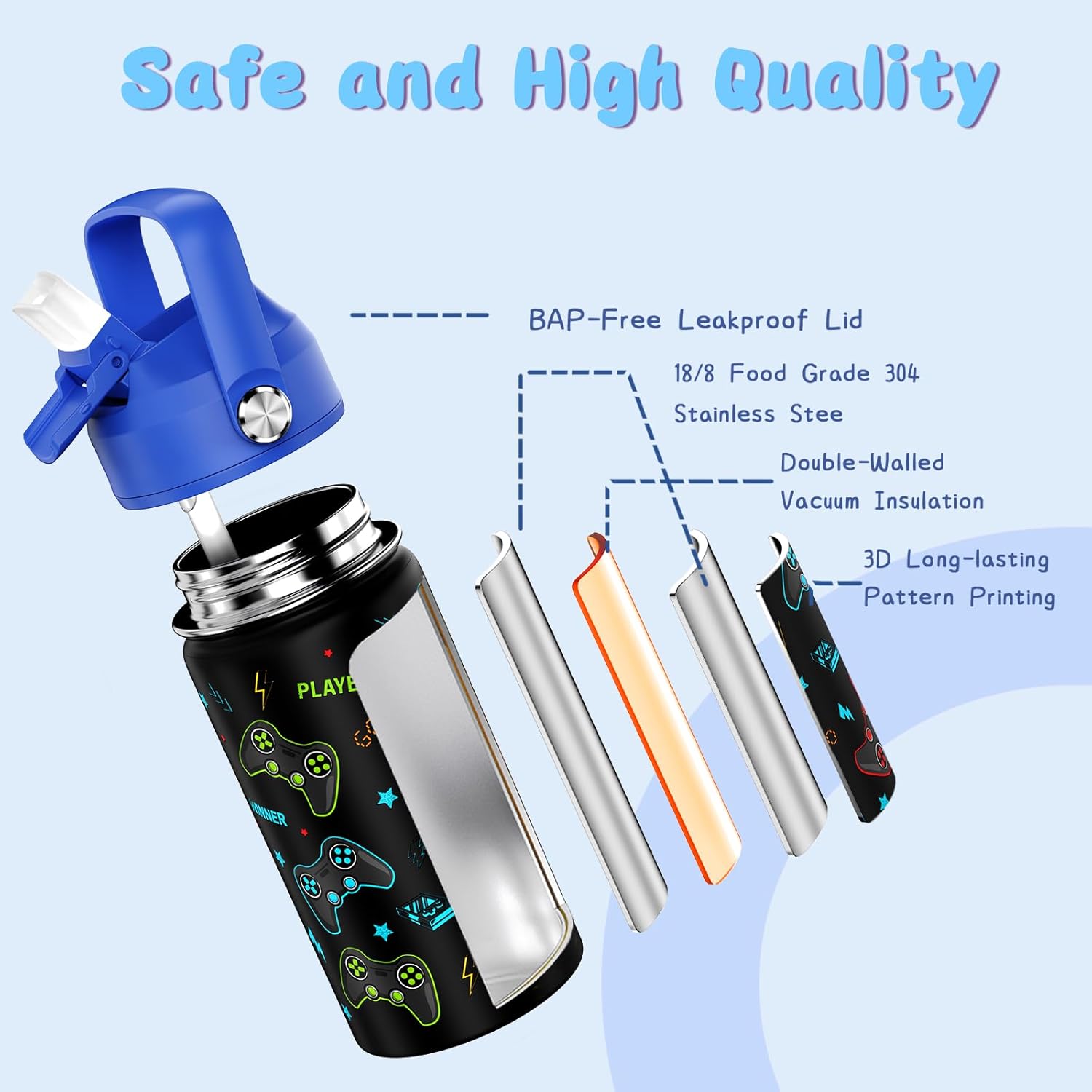 14oz Kids Insulated Water Bottle with Straw Lid - 18/8 Stainless Steel Kid Cup Travel Tumbler Double Wall Vacuum Leak Proof Portable Toddler Water Bottle (Game Blue+Red） - Image 2