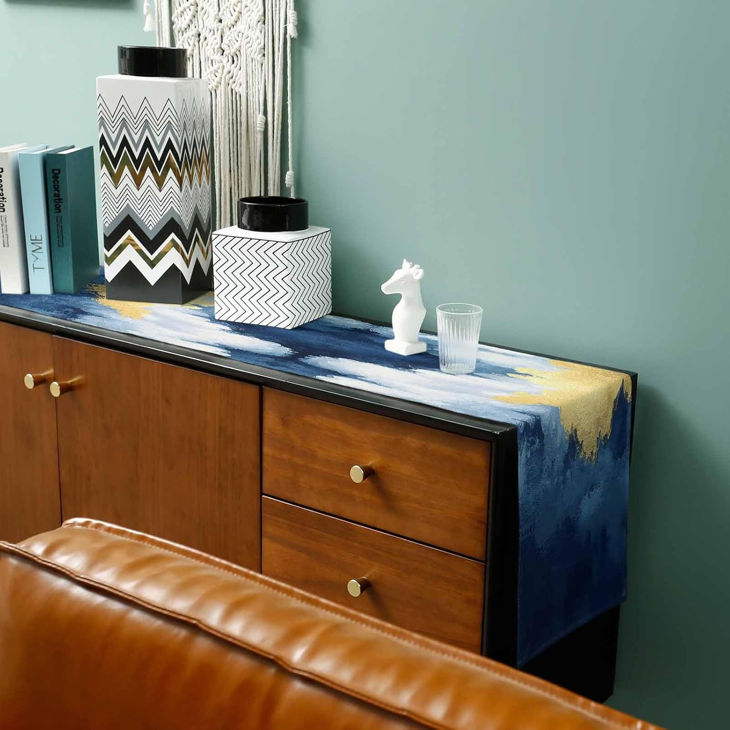 Navy Blue Gold Table Runner 90 Inches Long - Modern Abstract Wave Art Seaside Scenery Kitchen Dining Burlap Linen Tablerunner for Small/Round/Square/Wedding/Coffee/Dining Table Party Home Décor