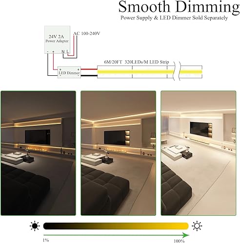 Miniatura 5 de JOYLIT Tira de luz LED COB de 24 V para interiores, 20 pies19.7 ft, 4000 K, blanco natural, CRI 93+ 320 LEDsM, cinta LED regulable uniforme uniforme