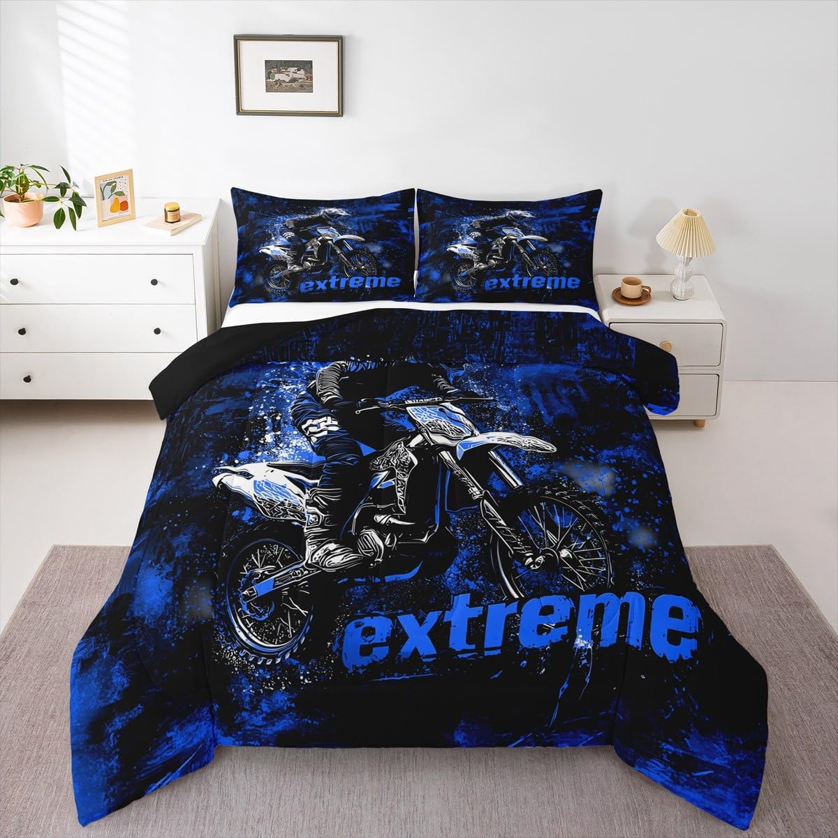 jejeloiu Dirt Bike Comforter Set Twin Size Kids Extreme Sports Bedding Set for Boys Girls Teens Adults, Racing Motocross Rider Duvet Quilt Breathable Soft Lightweight Room Decor 2Pcs Blue