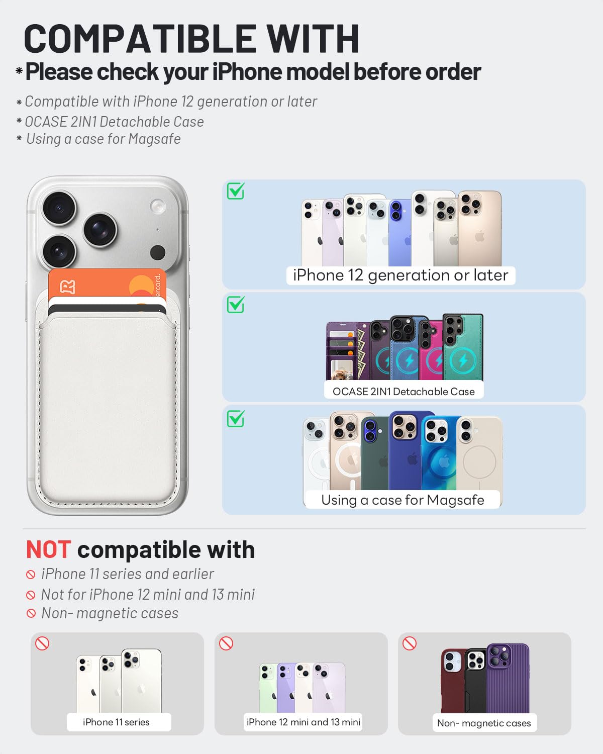 OCASE Porta Carte Magnetico, Supporto Regolabile, Compatibile con MagSafe, in Pelle Sintetica, per iPhone Serie 17/16/15/14/13/12 (Escluso Serie Mini) e Custodia per MagSafe - Bianco