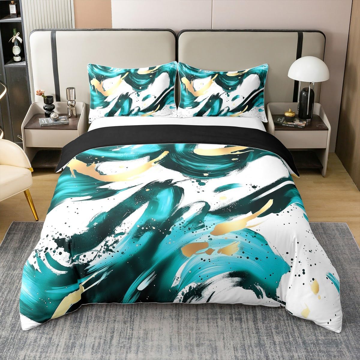 Erosebridal 100% Cotton Teal Gold Watercolor Geometric Striped Duvet Cover Queen for Teens Adults,Abstract Modern Comforter Cover,Graffiti Minimalist Art Bedding Set,Simple Geometric Sketch Bed Set